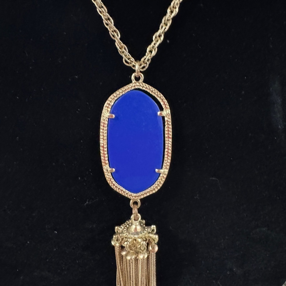 Gold-Tone Statement Necklace with Royal Blue Pendant & Tassel - Picture 3 of 5